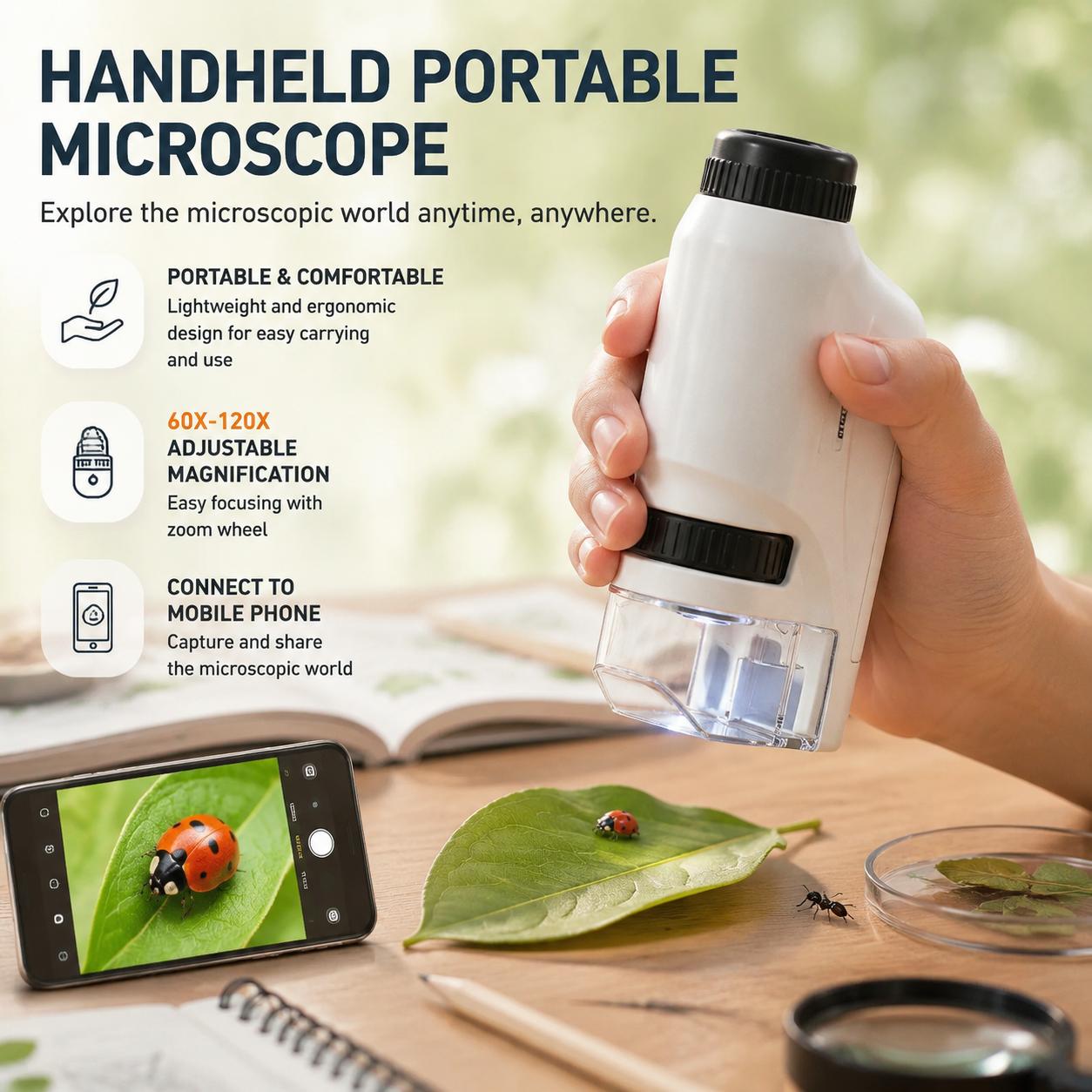 Microscope Kids Science - Mini-zakmicroscoop 60x 120x draagbare LED-verlichte handmicroscoop